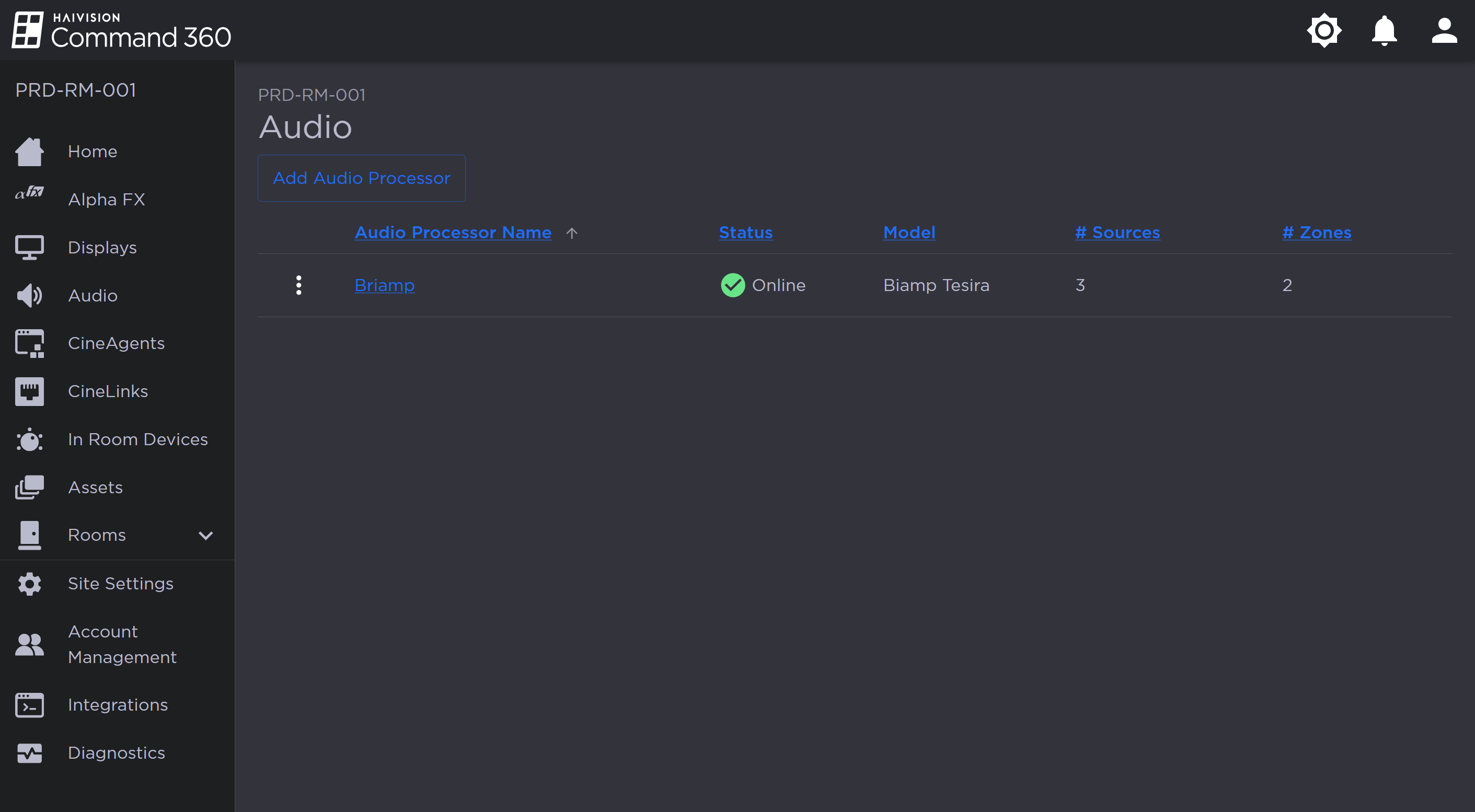 Admin Audio Page with One Processor